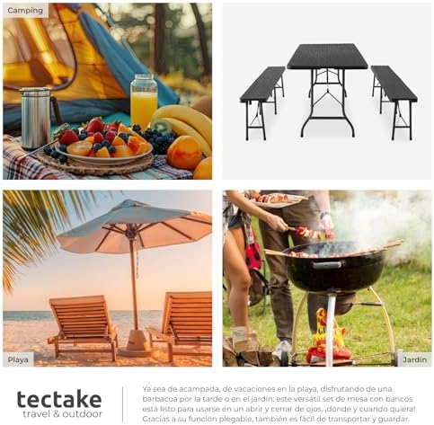 TecTake® 3-Piece Folding Table Set, Camping Table Set with 2 x Benches, Outdoor Garden Table, Steel Frame, Leg Stops, Easy Assembly, Ideal for Camping, Garden, Terrace, Picnic – Black
