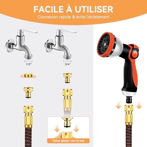 Tuyau d'Arrosage Extensible 30m/100Ft avec 10 Modèles de Pulvérisation Convient aux Robinets de 1/2" et 3/4" Raccords en Métal Durables pour Jardin, Arrosage, Nettoyage