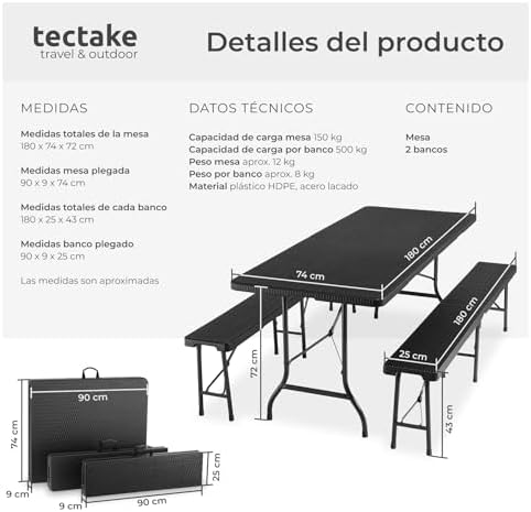 TecTake® 3-Piece Folding Table Set, Camping Table Set with 2 x Benches, Outdoor Garden Table, Steel Frame, Leg Stops, Easy Assembly, Ideal for Camping, Garden, Terrace, Picnic – Black