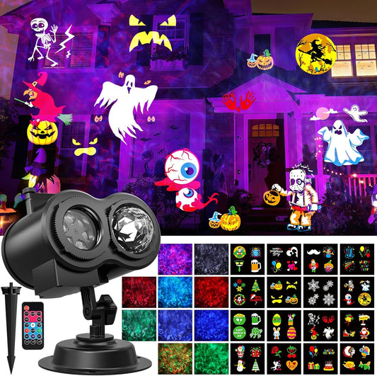 Halloween Projecteur, 16 Diapositives Projecteur Halloween Exterieur Avec Télécommande et Fonction de Chronométrage, 4 Couleurs Motifs D'eau pour Pâques,Thanksgiving,Fête,Noël