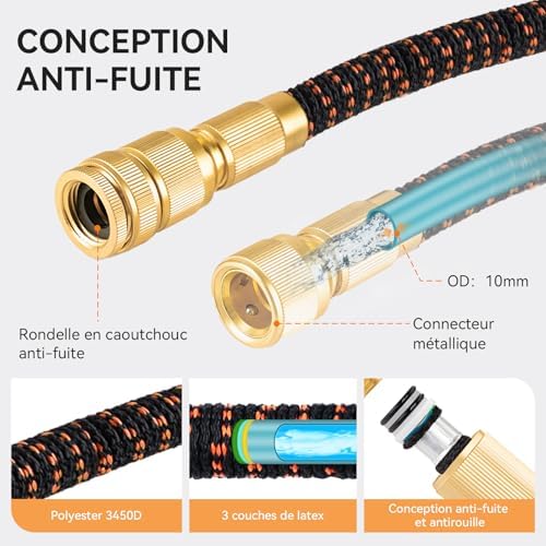 Tuyau d'Arrosage Extensible 30m/100Ft avec 10 Modèles de Pulvérisation Convient aux Robinets de 1/2" et 3/4" Raccords en Métal Durables pour Jardin, Arrosage, Nettoyage