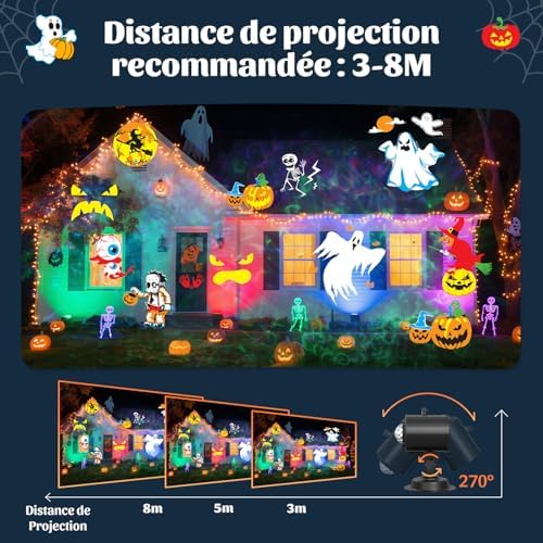 Halloween Projecteur, 16 Diapositives Projecteur Halloween Exterieur Avec Télécommande et Fonction de Chronométrage, 4 Couleurs Motifs D'eau pour Pâques,Thanksgiving,Fête,Noël