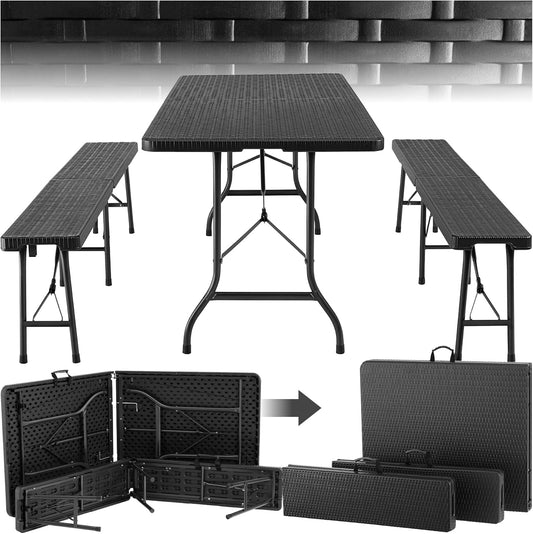 TecTake® 3-Piece Folding Table Set, Camping Table Set with 2 x Benches, Outdoor Garden Table, Steel Frame, Leg Stops, Easy Assembly, Ideal for Camping, Garden, Terrace, Picnic – Black