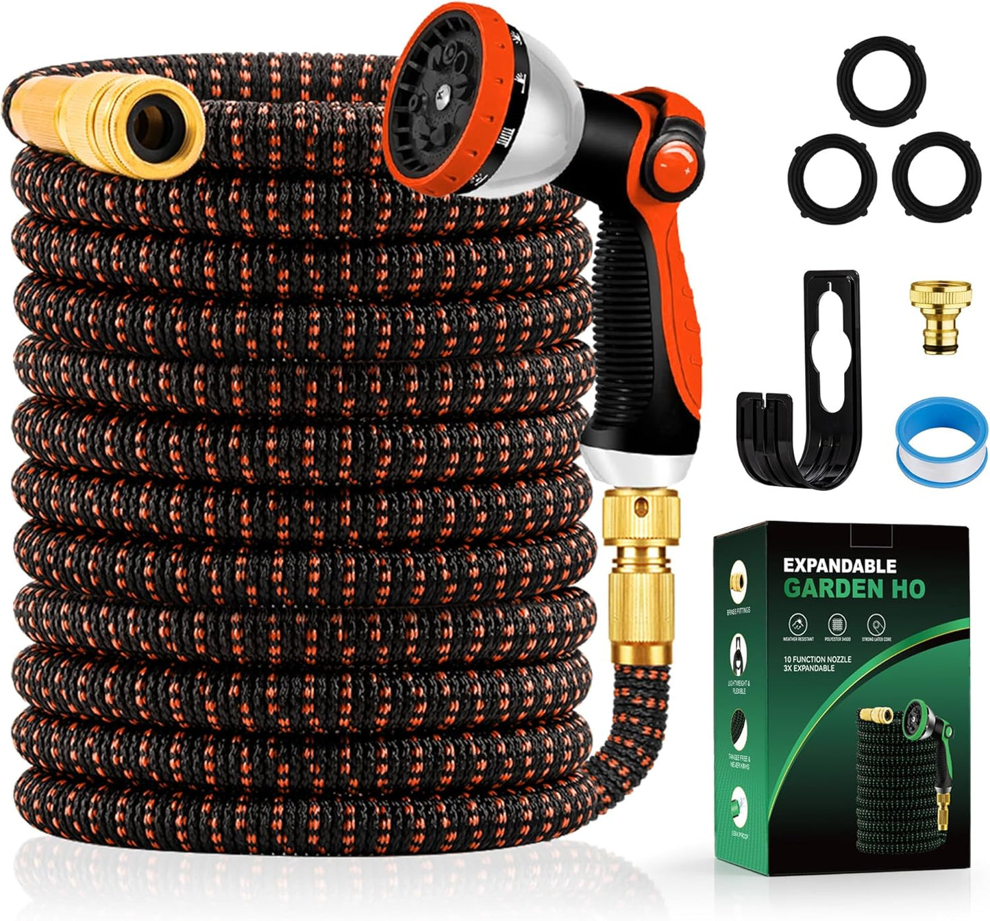 Tuyau d'Arrosage Extensible 30m/100Ft avec 10 Modèles de Pulvérisation Convient aux Robinets de 1/2" et 3/4" Raccords en Métal Durables pour Jardin, Arrosage, Nettoyage