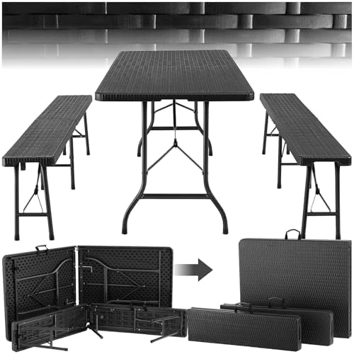 TecTake® 3-Piece Folding Table Set, Camping Table Set with 2 x Benches, Outdoor Garden Table, Steel Frame, Leg Stops, Easy Assembly, Ideal for Camping, Garden, Terrace, Picnic – Black