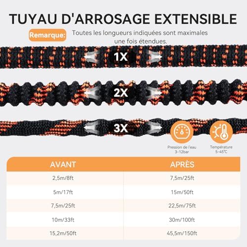 Tuyau d'Arrosage Extensible 30m/100Ft avec 10 Modèles de Pulvérisation Convient aux Robinets de 1/2" et 3/4" Raccords en Métal Durables pour Jardin, Arrosage, Nettoyage