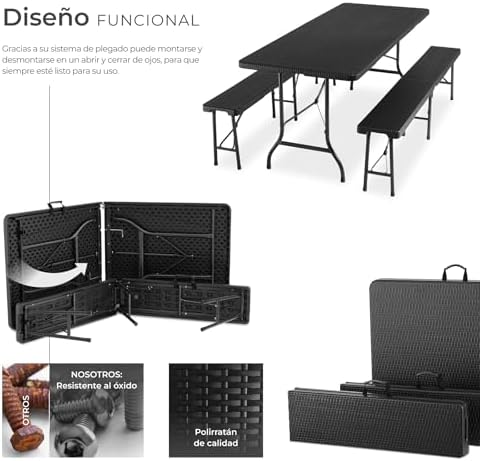 TecTake® 3-Piece Folding Table Set, Camping Table Set with 2 x Benches, Outdoor Garden Table, Steel Frame, Leg Stops, Easy Assembly, Ideal for Camping, Garden, Terrace, Picnic – Black