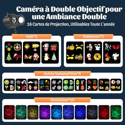 Halloween Projecteur, 16 Diapositives Projecteur Halloween Exterieur Avec Télécommande et Fonction de Chronométrage, 4 Couleurs Motifs D'eau pour Pâques,Thanksgiving,Fête,Noël