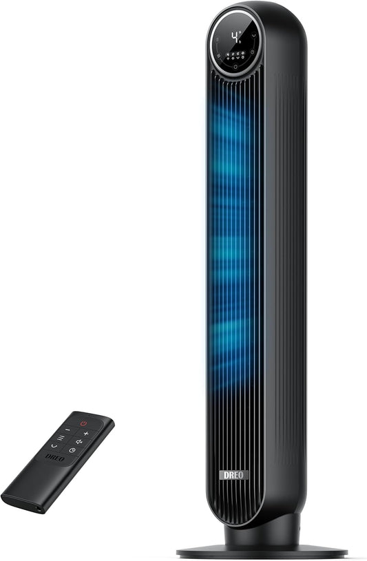 Dreo 20dB ventilateur colonne silencieux, Vitesse 7,6 m/s - Oscillant à 90° ventilateurs tour pour chambre, 92 cm de haut, Télécommande incluse, 4 vitesses, 4 modes, minuterie 8H, Noir - Nomad One