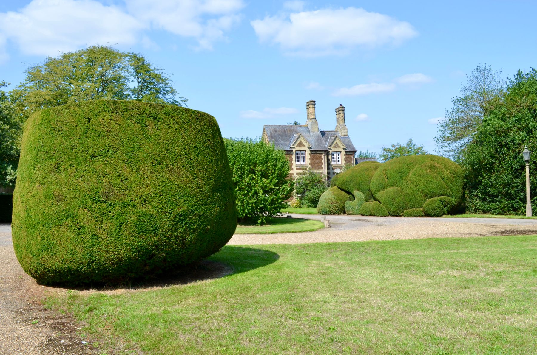 Un jardin de cottage aux buis taillés, devant une maison de pierre