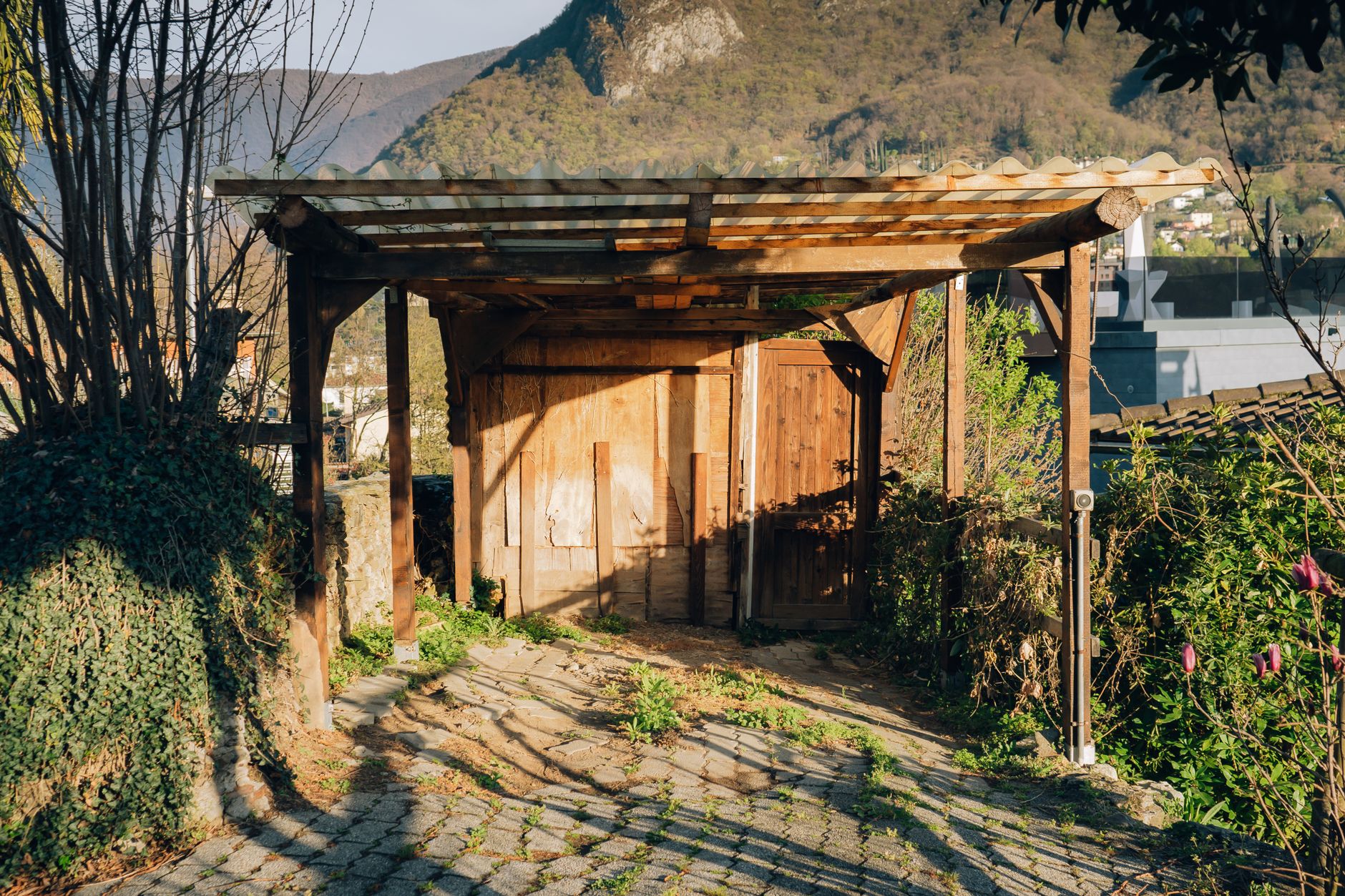 Abri de jardin en bois avec un fond de montagne